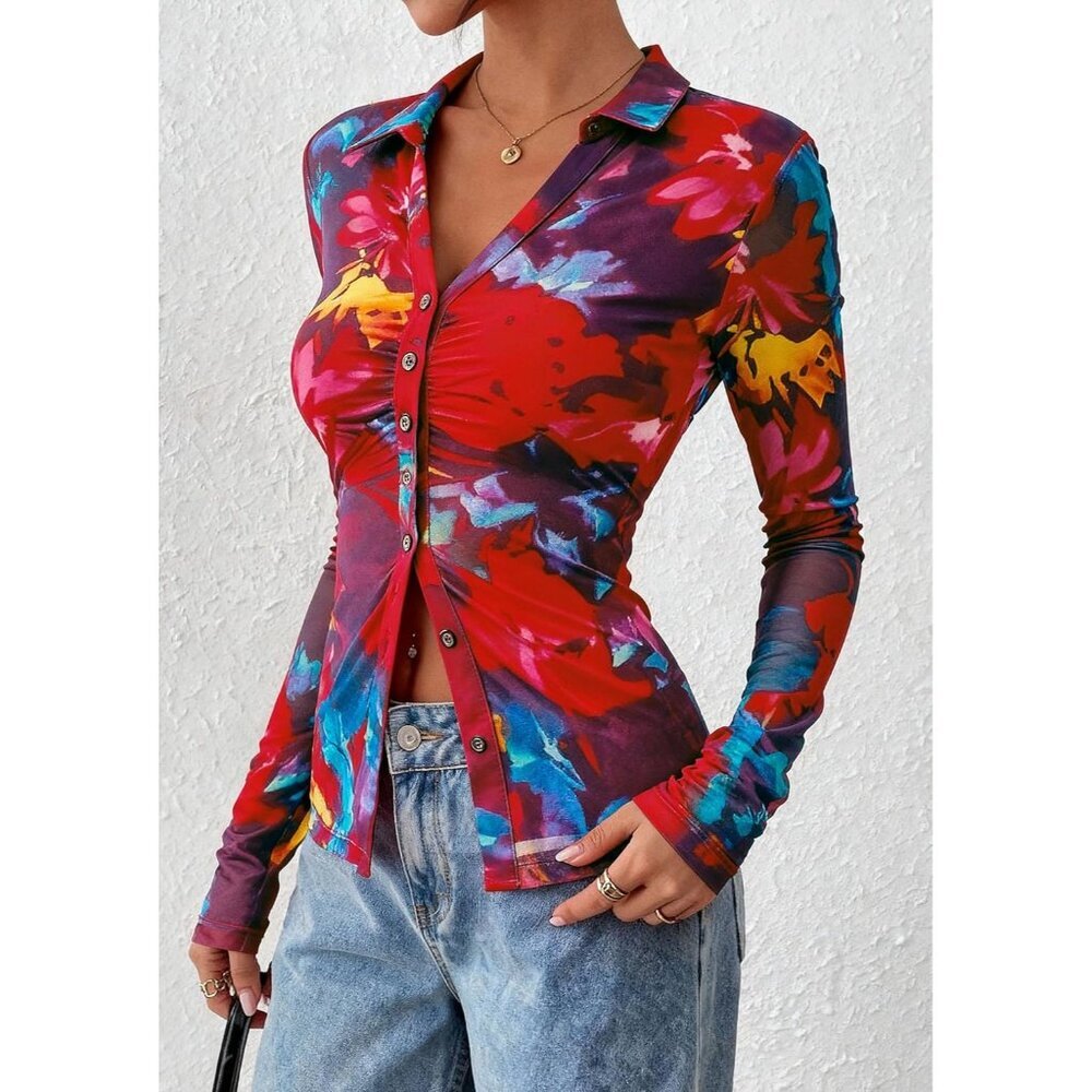 Women Navy Red Button Down Floral Shirt Trendy Long Sleeve V Neck Blouse Top - Picture 2 of 6